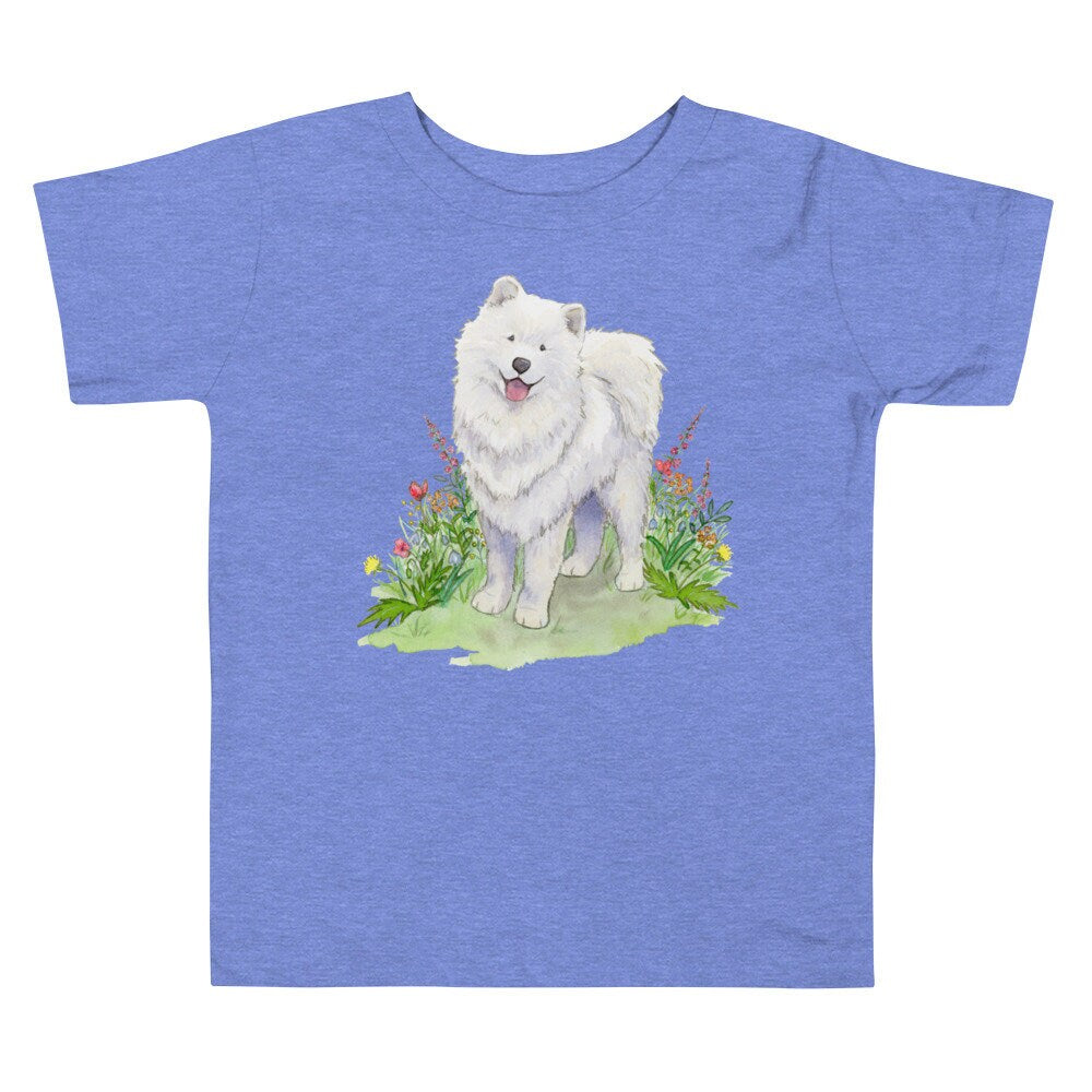 Blue toddler tee shirt with white samoyed dog and flowers on it.