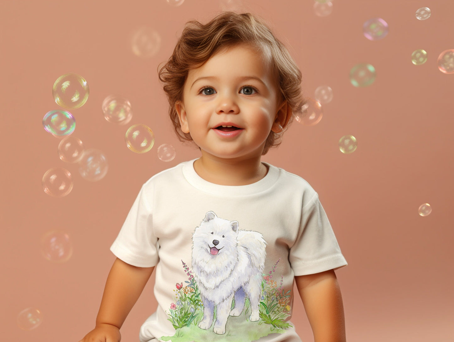 Toddler wearing samoyed dog tee.