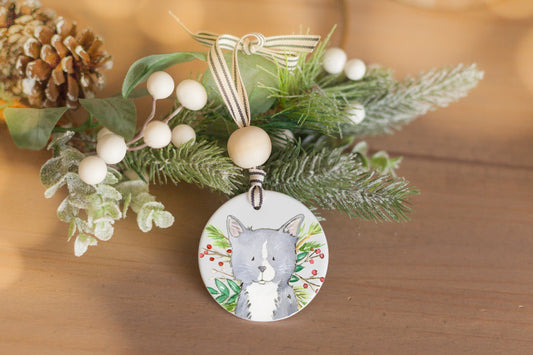 Personalized Grey Cat Ornament, Holiday Gift for Cat Lovers