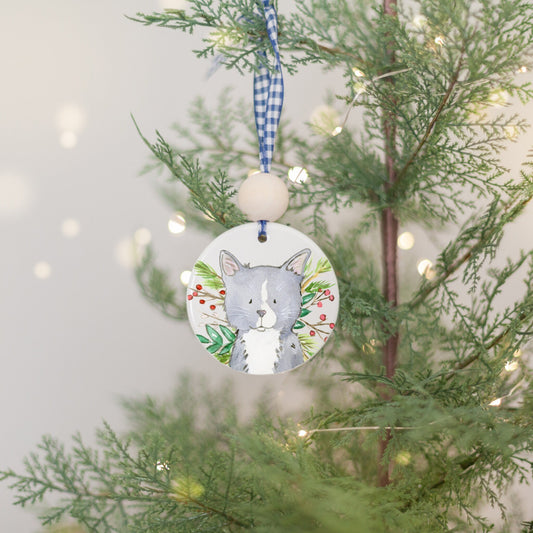 Personalized Grey Cat Ornament, Holiday Gift for Cat Lovers