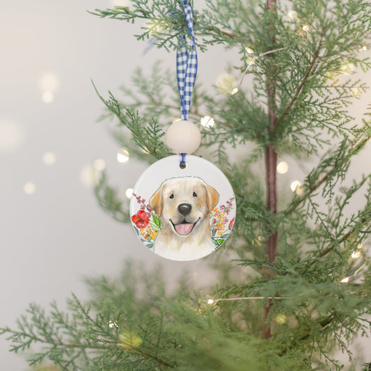 Ceramic ornament with original artwork off happy yellow lab and colorful flowers