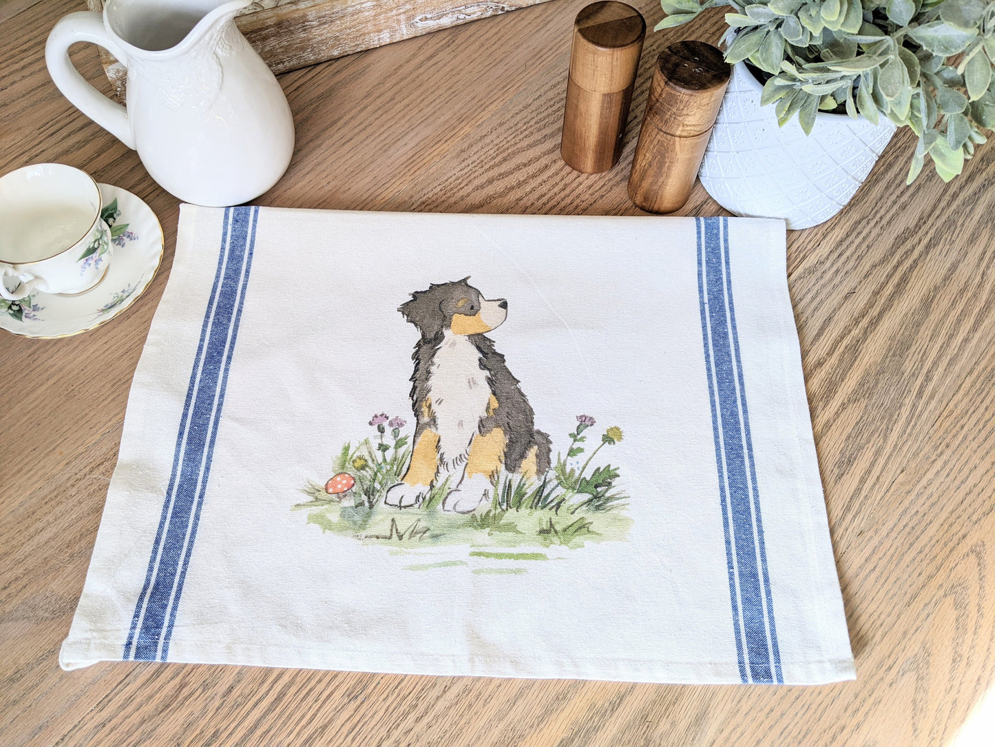 Bernese Mountain Dog Tea Towel, Bernese Towel, Farmhouse Stripe, Bernese Gift, Berner Gift, Gift for Bernese Lovers, Dog Tea Towel