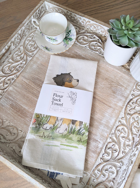 Bernese Mountain Dog Tea Towel, Bernese Towel, Farmhouse Stripe, Bernese Gift, Berner Gift, Gift for Bernese Lovers, Dog Tea Towel