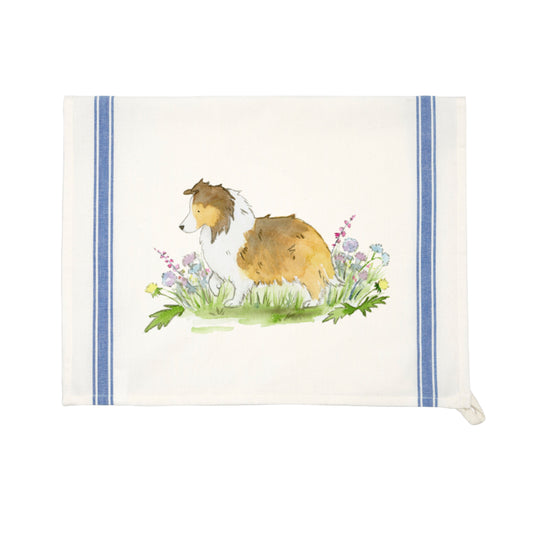 Farmhouse cotton tea towel with blue stripes and artwork of sable shetland sheepdog and flowers.