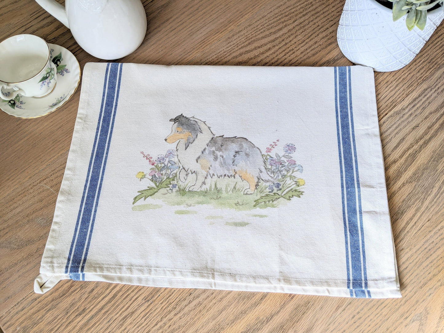 Shetland Sheepdog Tea Towel, Farmhouse Sheltie Towel, Ticking Stripe Towel, Blue Merle Sheltie Towel, Sheltie Gift, Gift for Sheltie Lovers