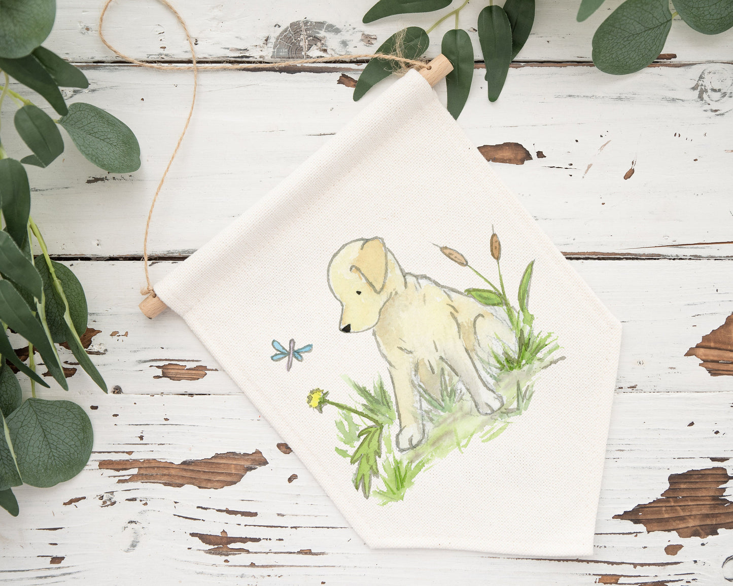 Cotton banner with watercolor artwork of yellow lab puppy.