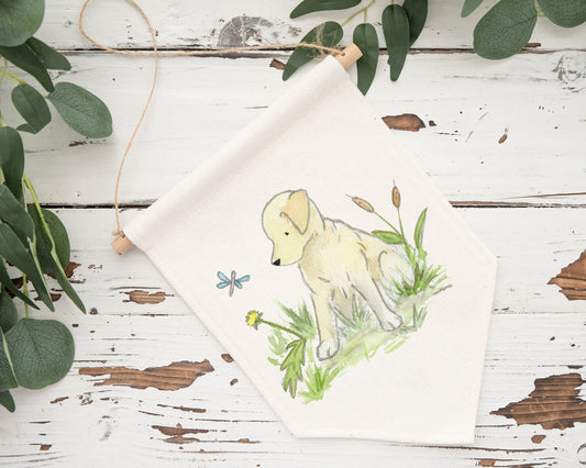 Cotton banner with watercolor artwork of yellow lab puppy.