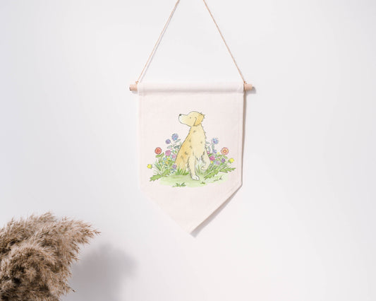 Cotton canvas banner wall hanging with watercolor artwork of golden retriever with flowers.