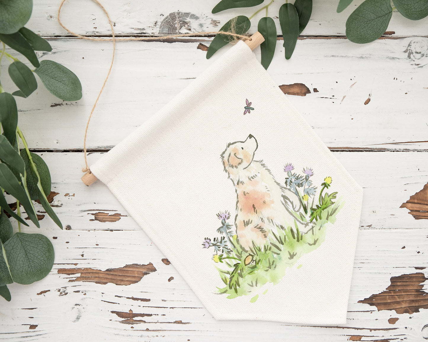 Cotton canvas banner wall hanging with watercolor artwork of red merle australian shepherd with colorful wildflowers