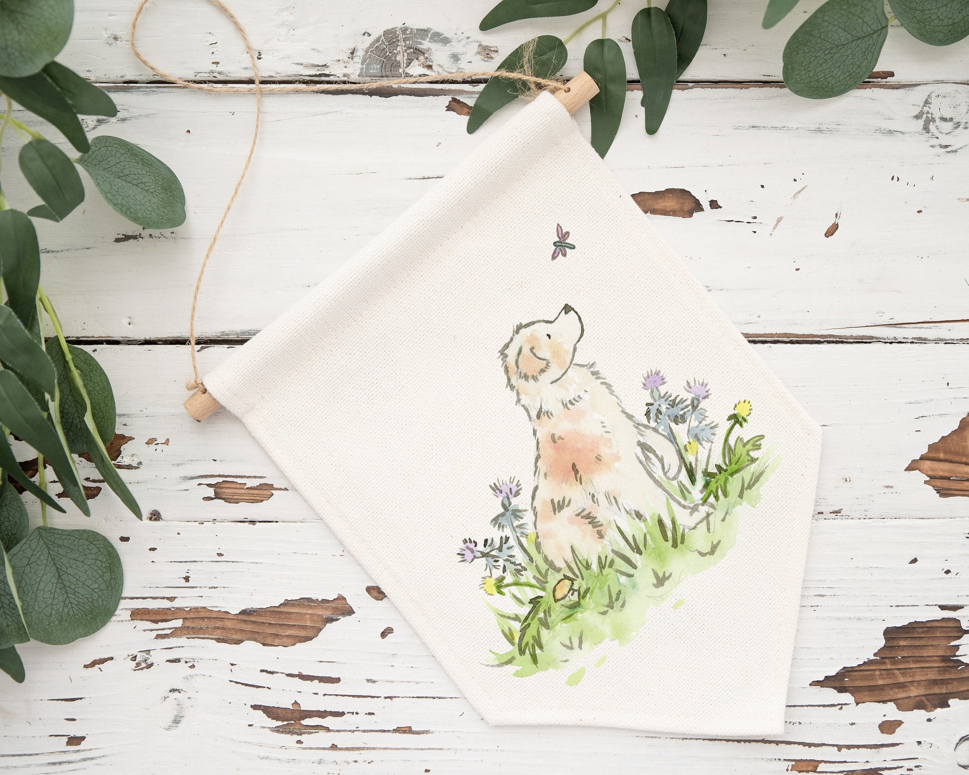 Cotton canvas banner wall hanging with watercolor artwork of red merle australian shepherd with colorful wildflowers