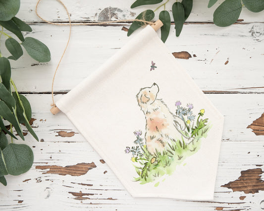 Cotton canvas banner wall hanging with watercolor artwork of red merle australian shepherd with colorful wildflowers