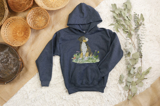 Dark Grey hooded sweatshirt with Bernese Mountain Dog artwork on it.