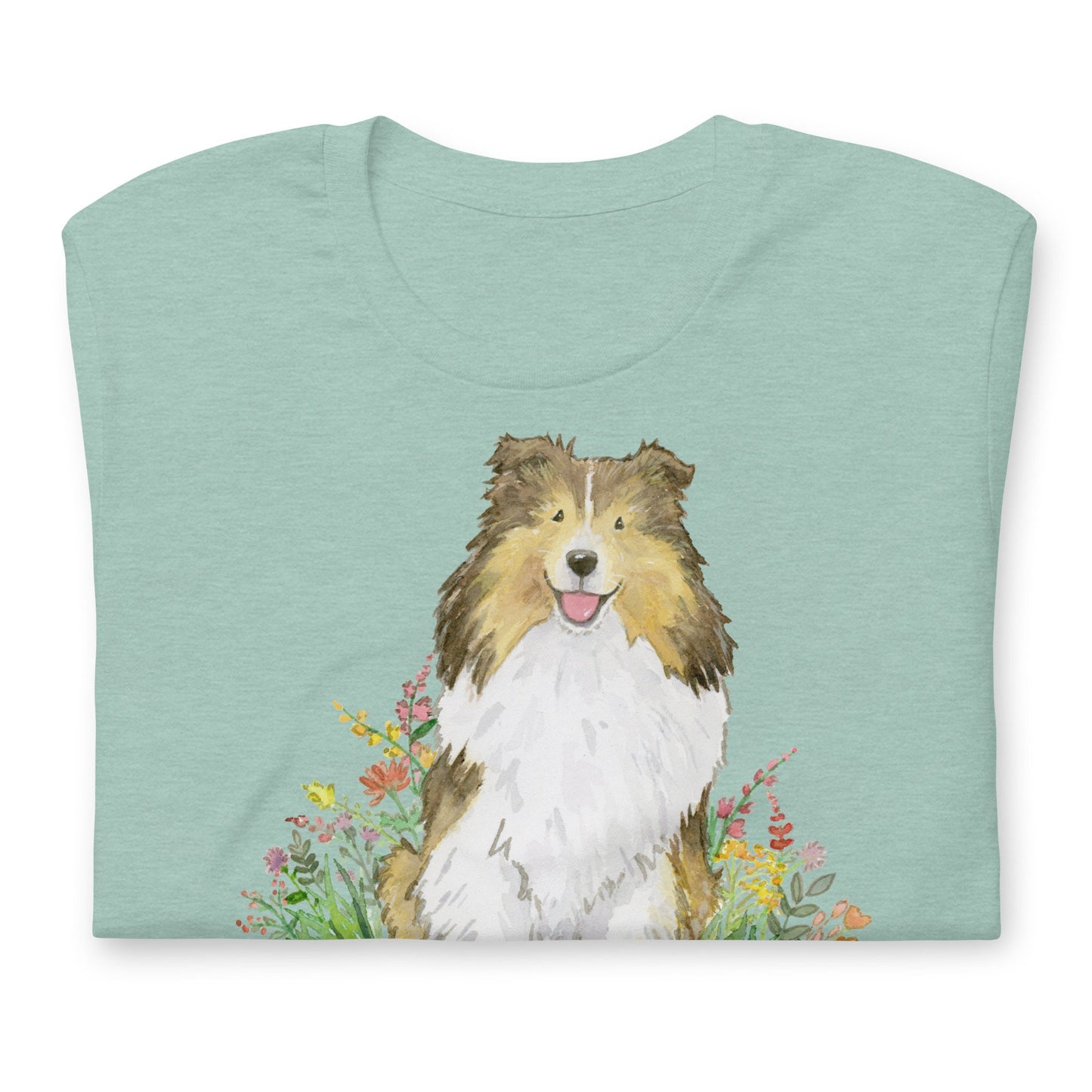 Cute t-shirt with sable shetland sheepdog artwork on it.
