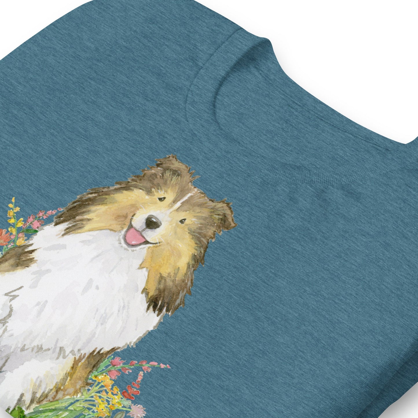 Cute t-shirt with sable shetland sheepdog artwork on it.