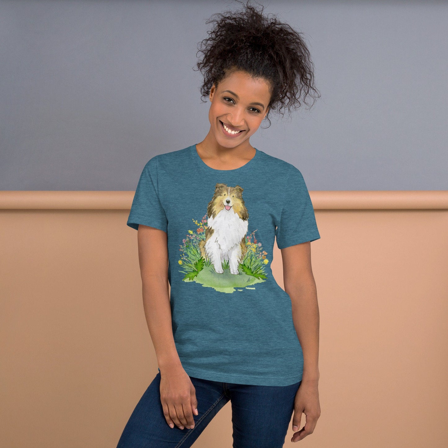 Cute t-shirt with sable shetland sheepdog artwork on it.