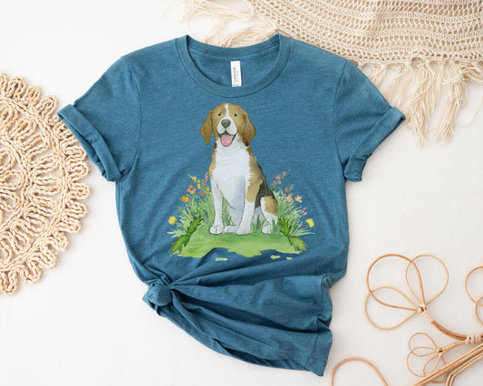 Deep teal colored t-shirt with cute beagle artwork on it.