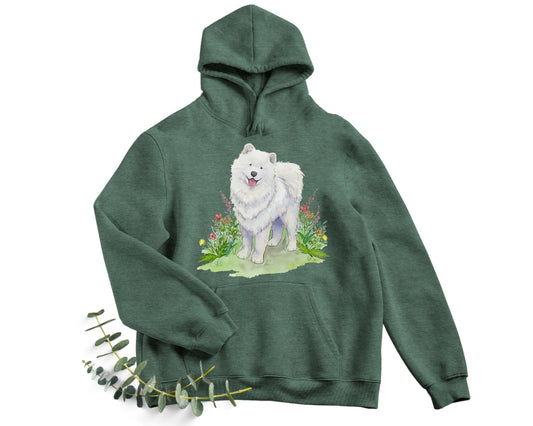 Green hooded sweatshirt with cute artwork of samoyed dog and wildflowers