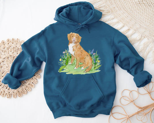 Hooded sweatshirt with Nova Scotia Duck tolling retriever artwork on it.