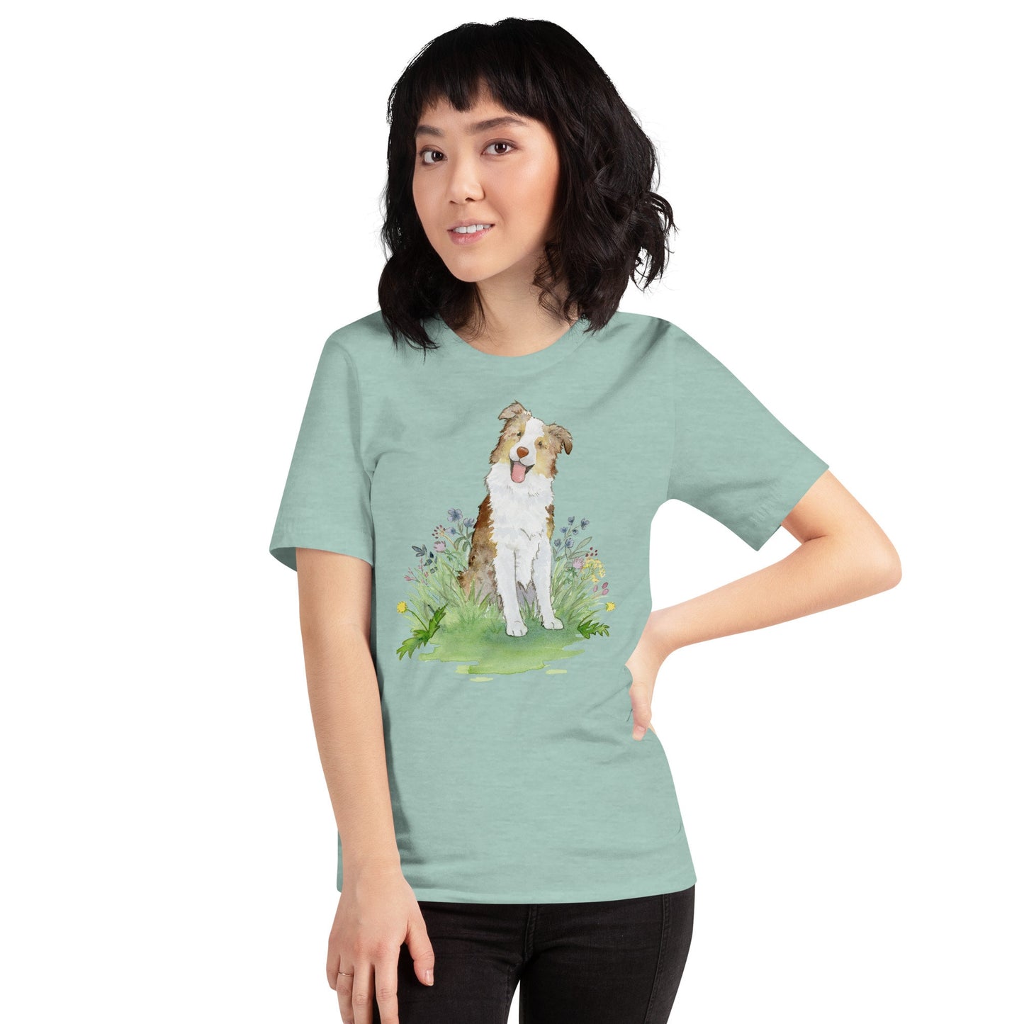 Dusty blue red merle australian shepherd tee on model.