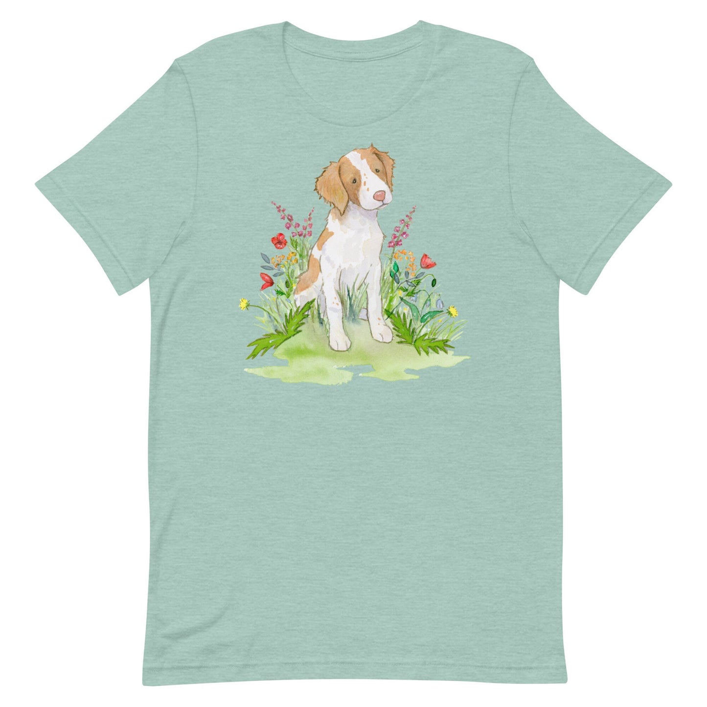 Dusty blue Brittany spaniel with flowers tee.