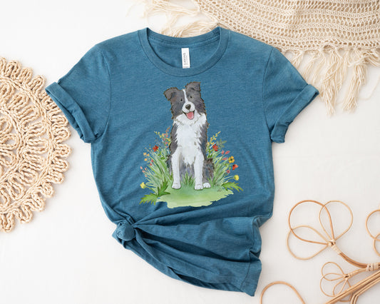 Teal tee with cute border collie and flowers on it.