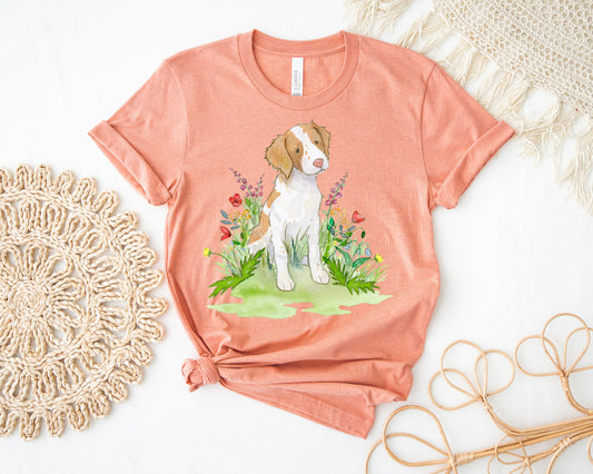 Coral Brittany spaniel with flowers tee.
