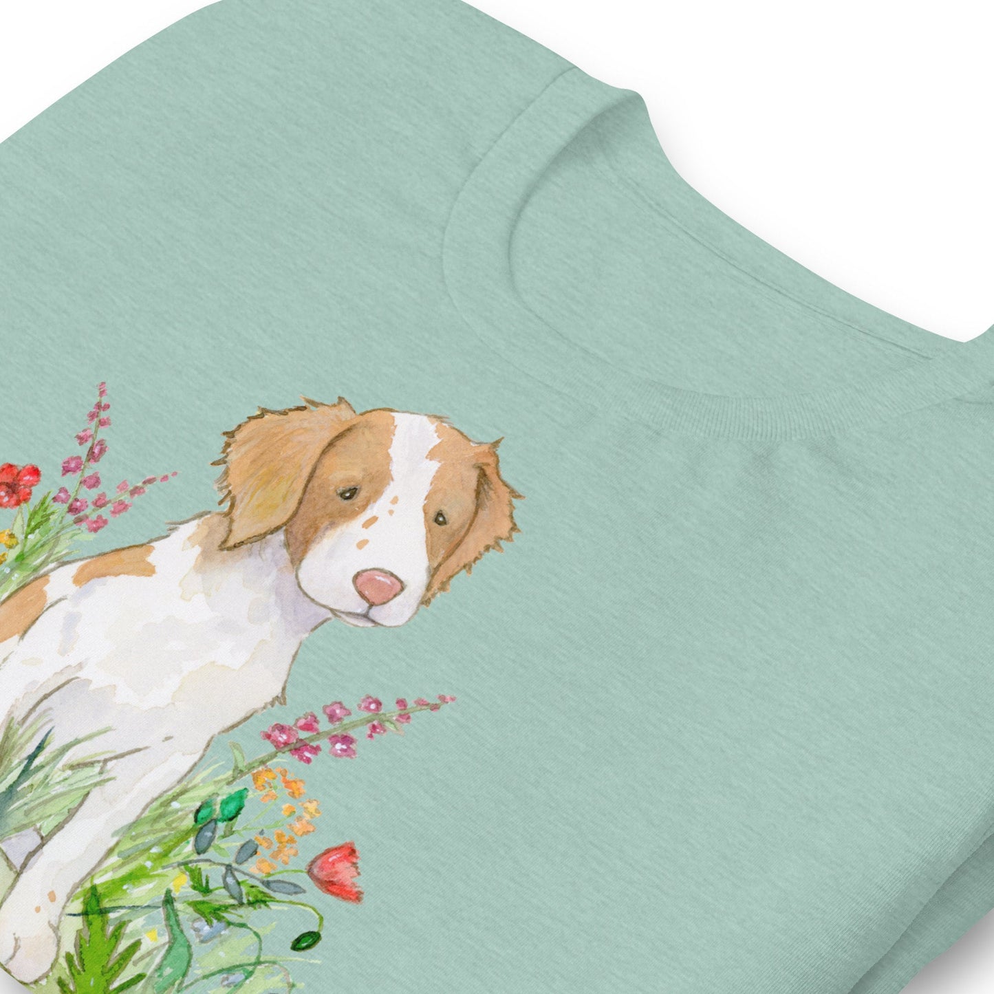 Dusty blue Brittany spaniel with flowers tee.