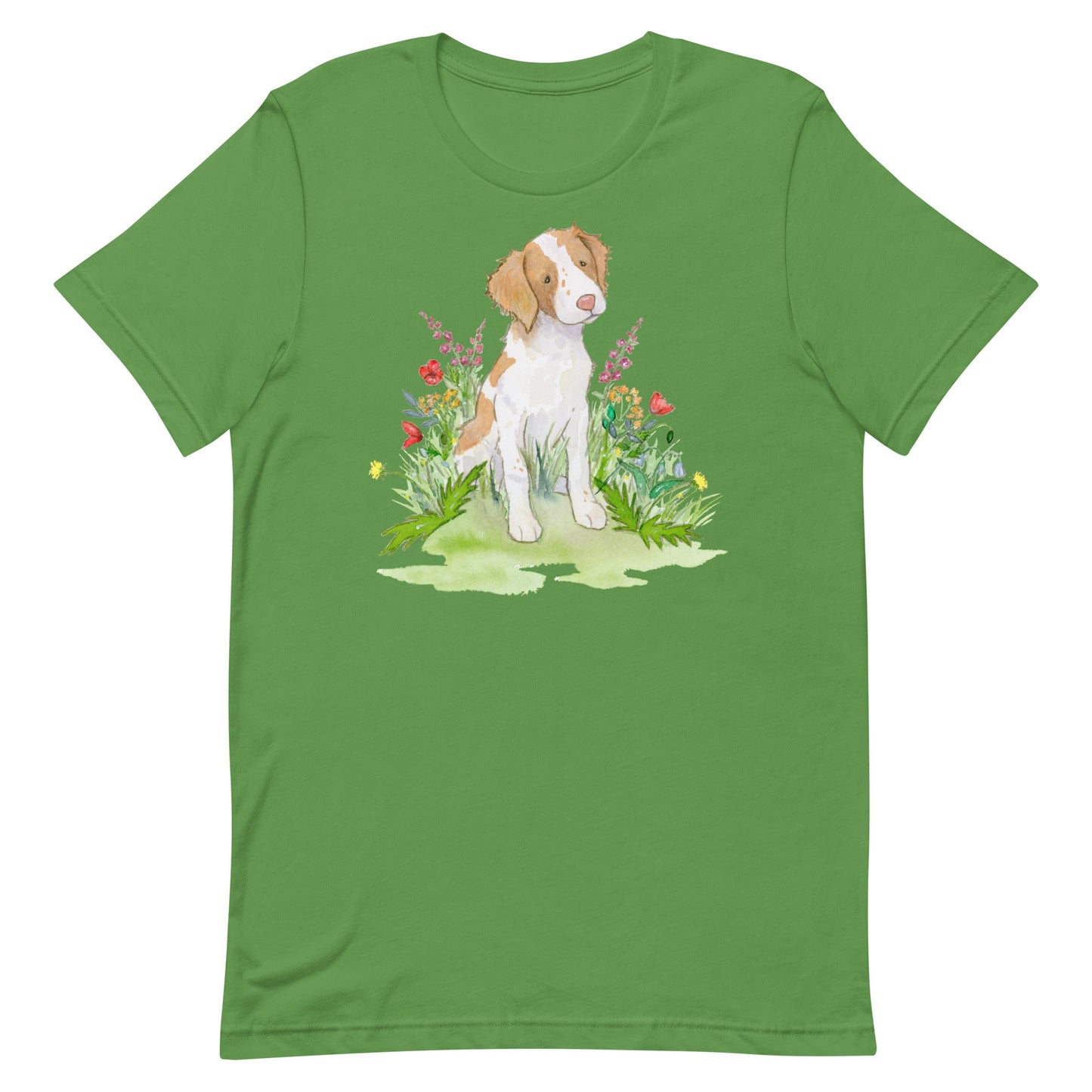 Green Brittany spaniel with flowers tee.