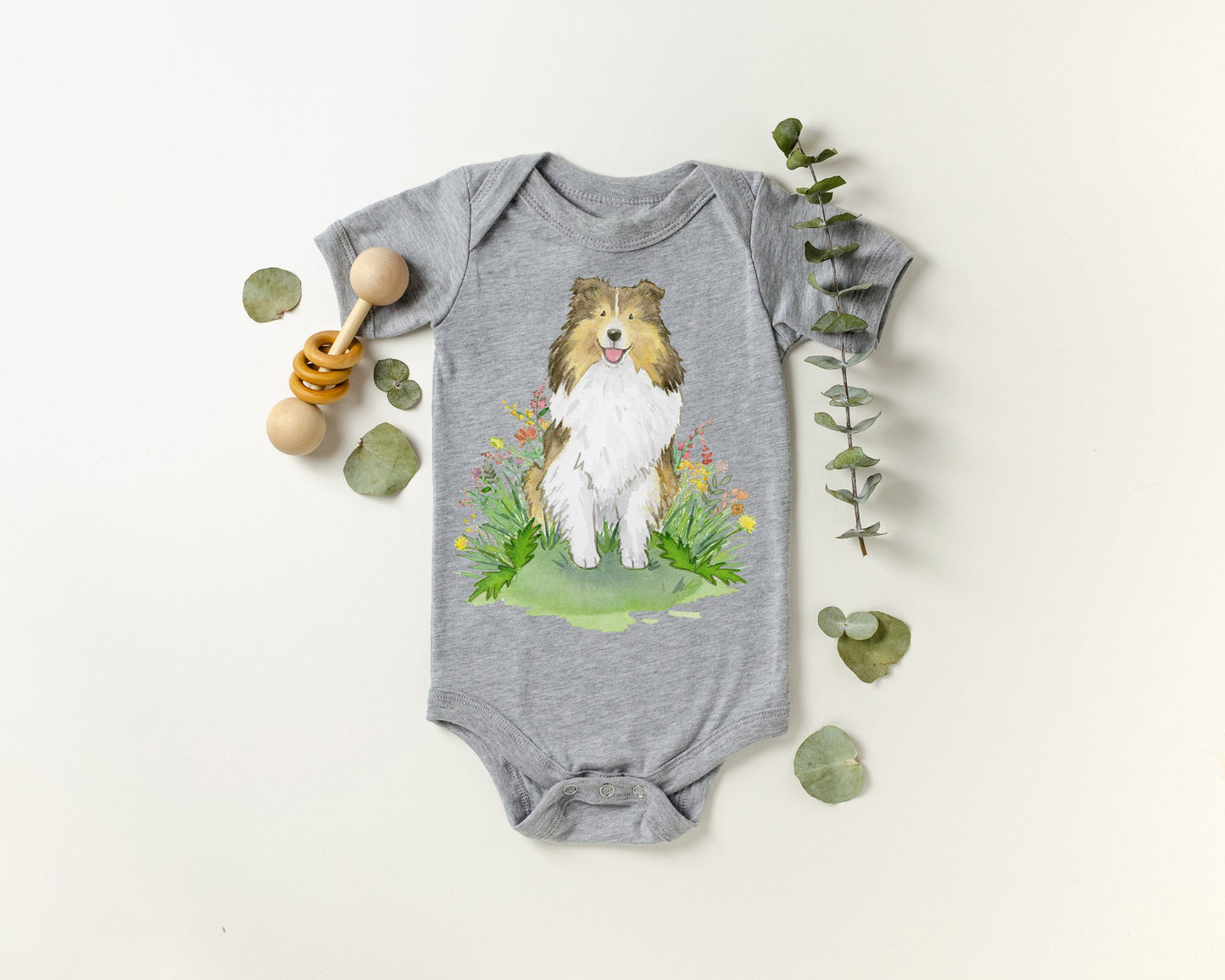 Baby bodysuit with cute sable sheltie puppy on it and "my big brother is a shetland sheepdog).