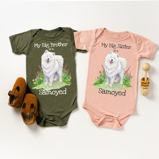 One-piece infant bodysuit with cute samoyed dog and flowers artwork.