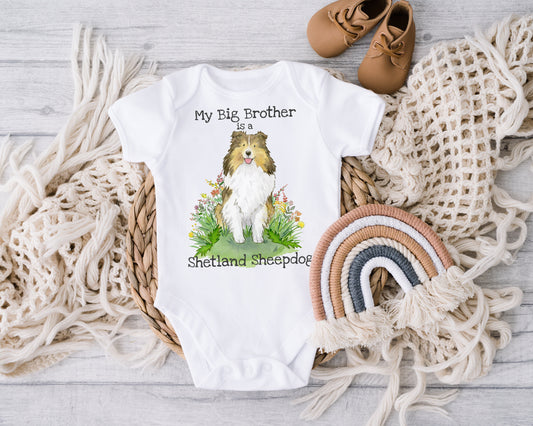 Baby bodysuit with cute sable sheltie puppy on it and "my big brother is a shetland sheepdog).