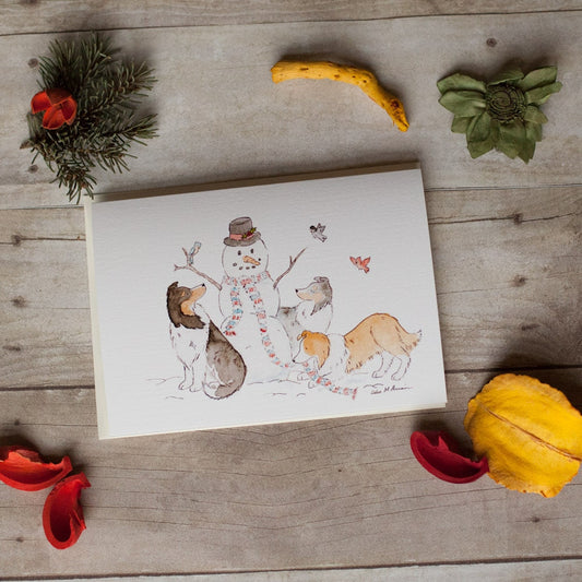 Sheltie Christmas Card Set, Shelties With Snowman, Shetland Sheepdog Holiday Card, Collie Christmas Card, Cute Sheltie Card, Dog Lover Card