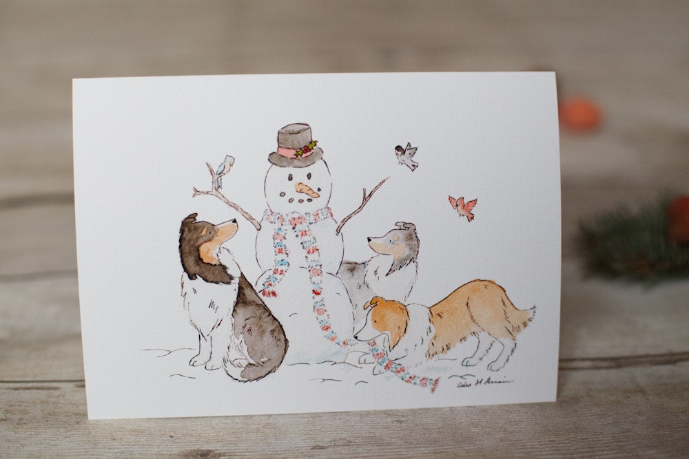 Sheltie Christmas Card Set, Shelties With Snowman, Shetland Sheepdog Holiday Card, Collie Christmas Card, Cute Sheltie Card, Dog Lover Card