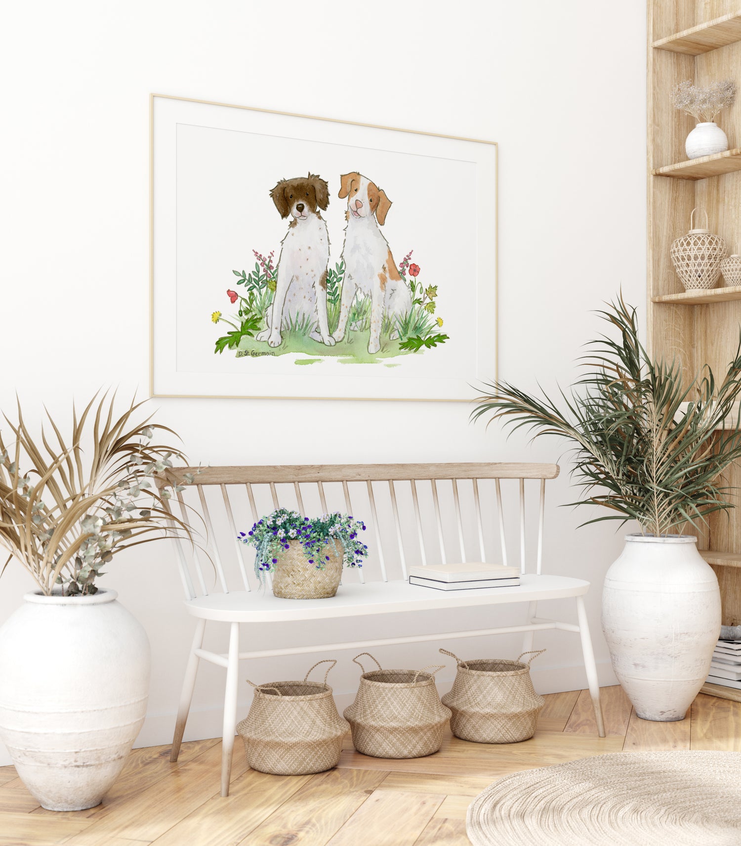 framed watercolor painting of two brittany spaniels