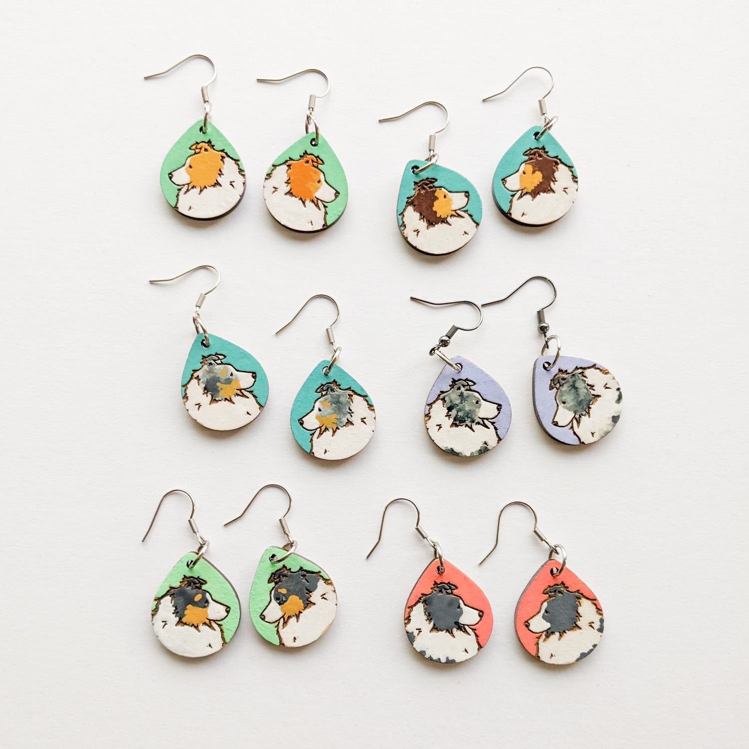 hand painted wood laser engraved sheltie earrings