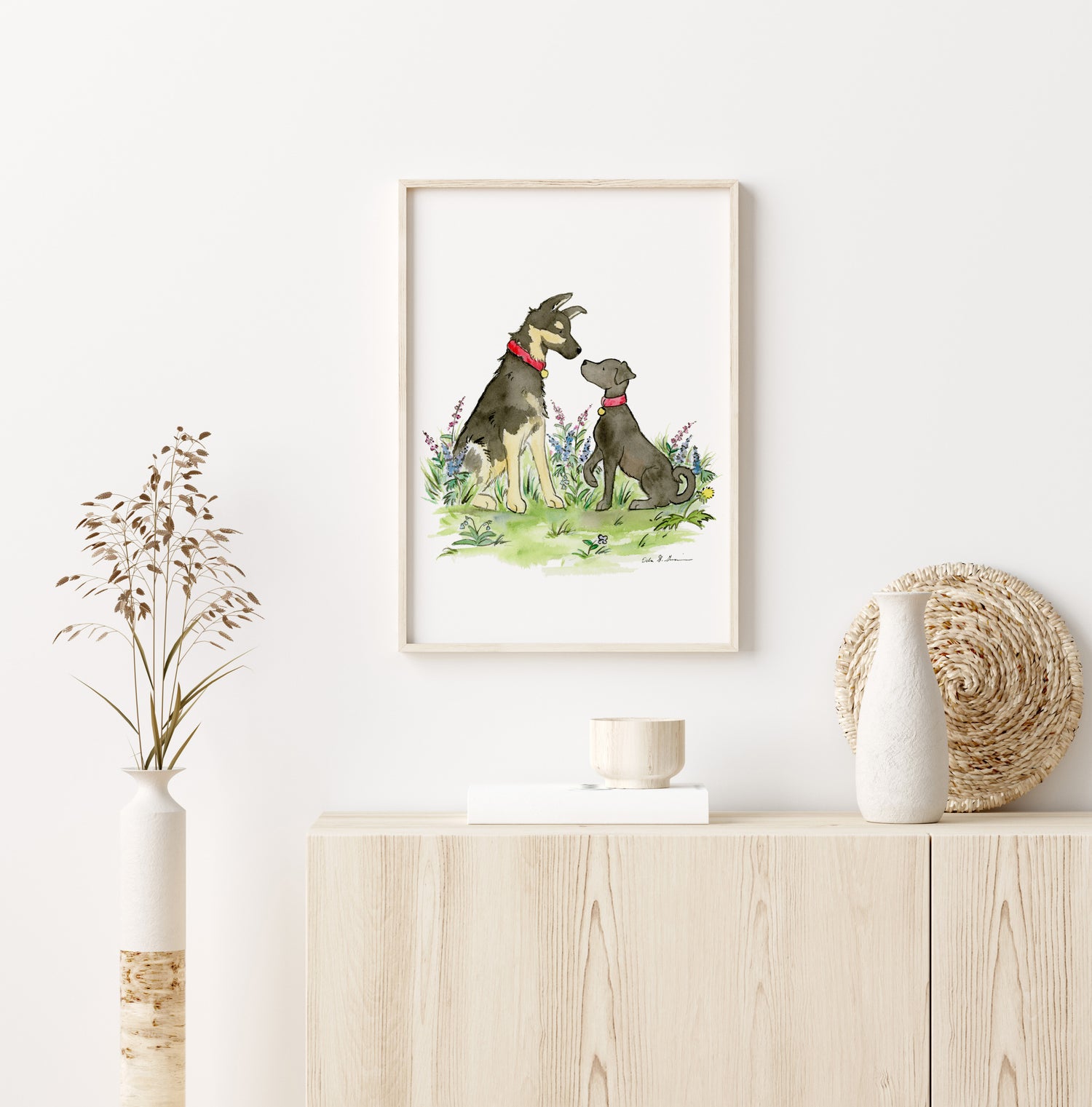 framed painting of german shepherd and labrador retriever dogs