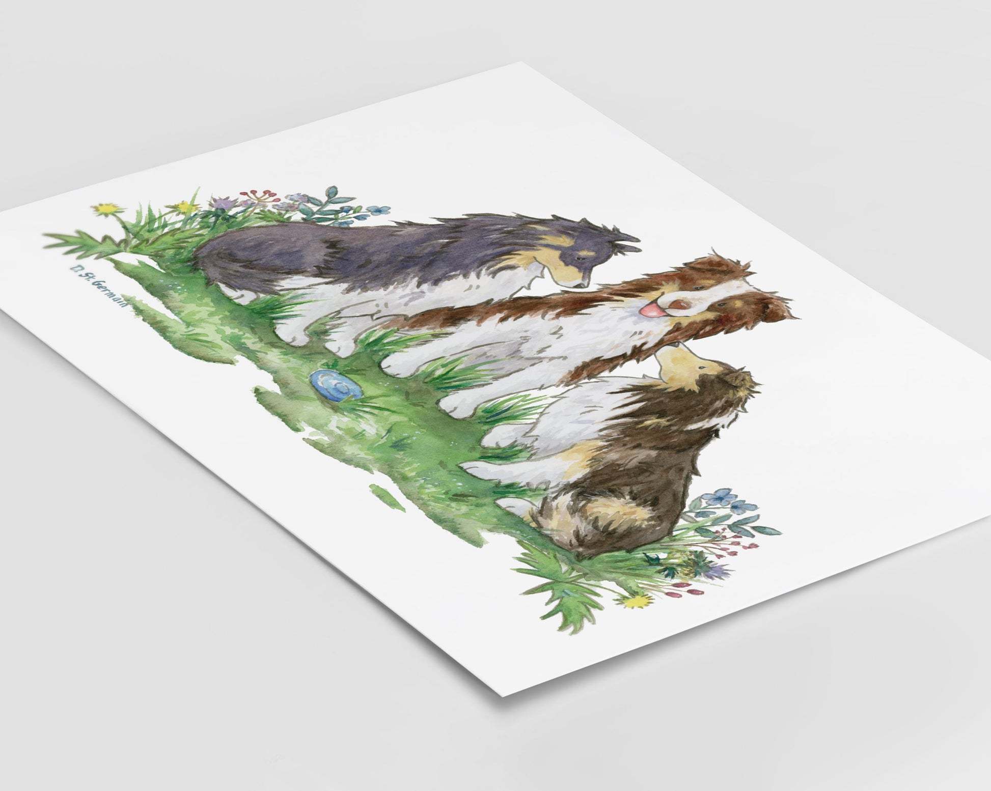 A painting of two cute shetland sheepdogs and an australian shepherd sitting in a patch of colorful flowers.