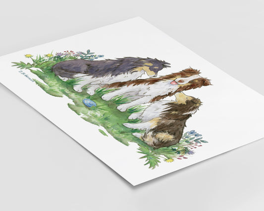 A painting of two cute shetland sheepdogs and an australian shepherd sitting in a patch of colorful flowers.