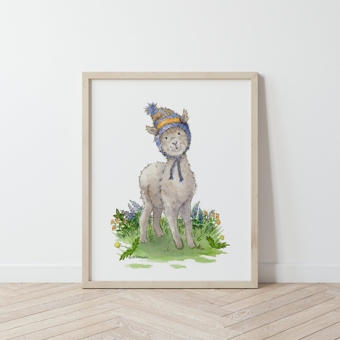 cute alpaca wearing a hat watercolor print