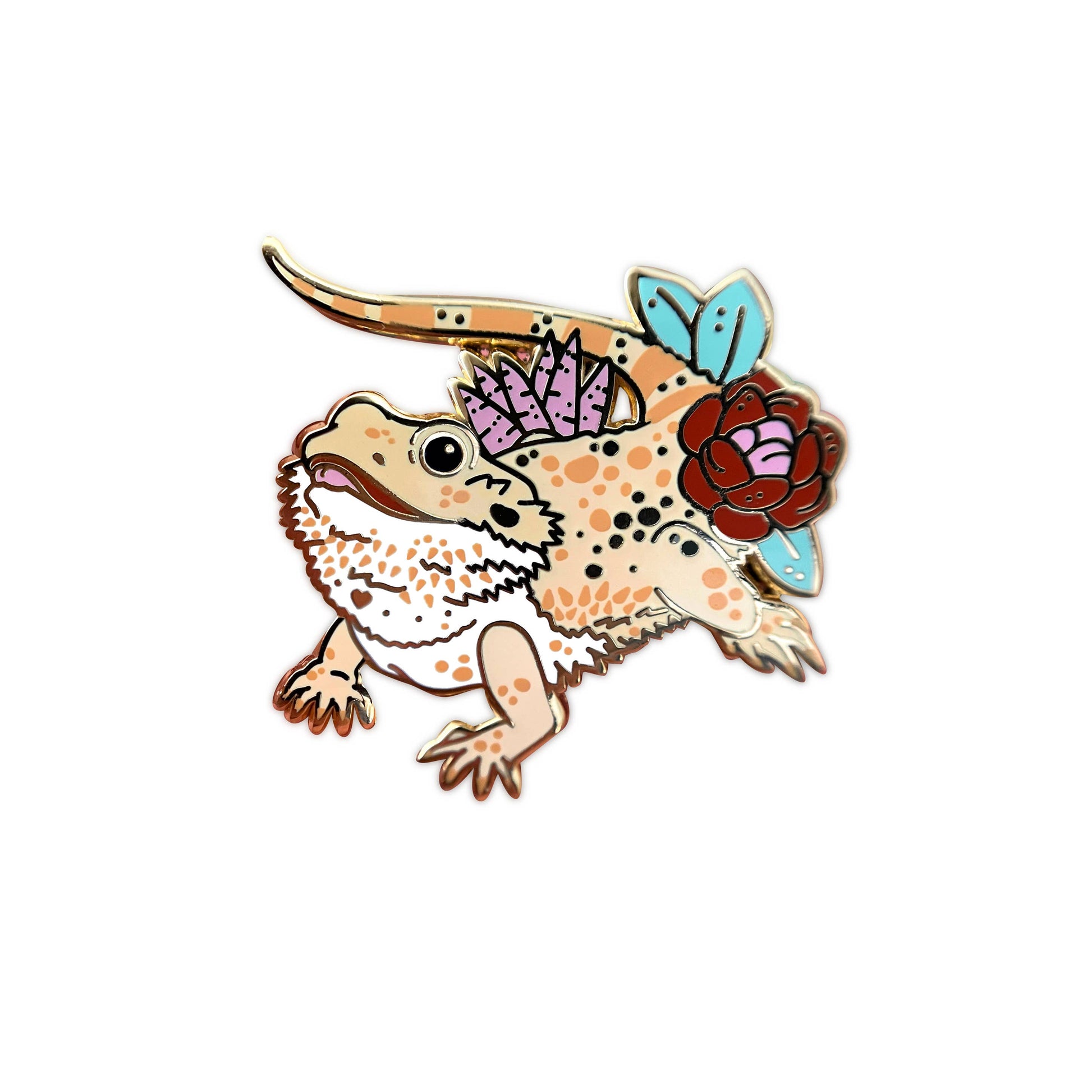 Cute enamel pin with bearded dragon and flowers