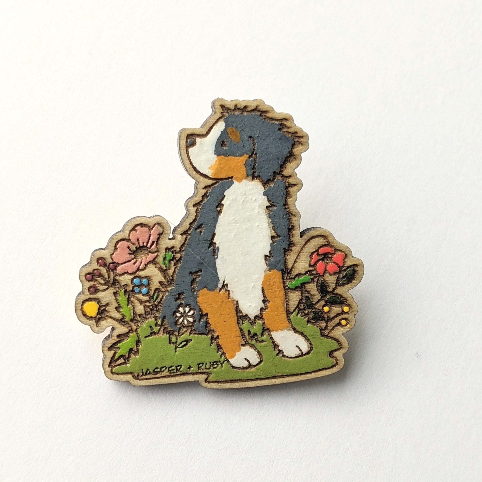 Hand painted laser engraved wood Bernese Mountain Dog pin.