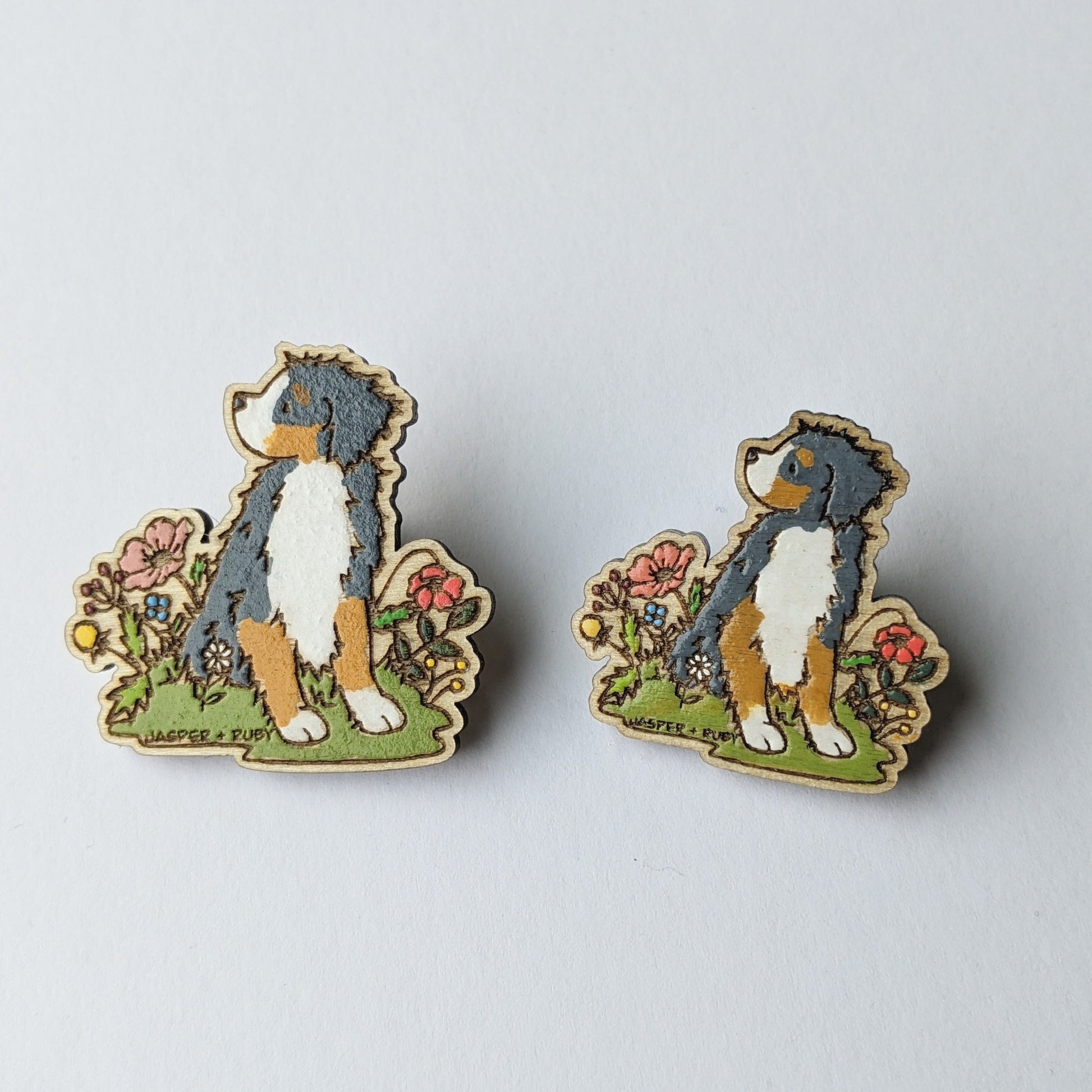 Hand painted laser engraved wood Bernese Mountain Dog pin.