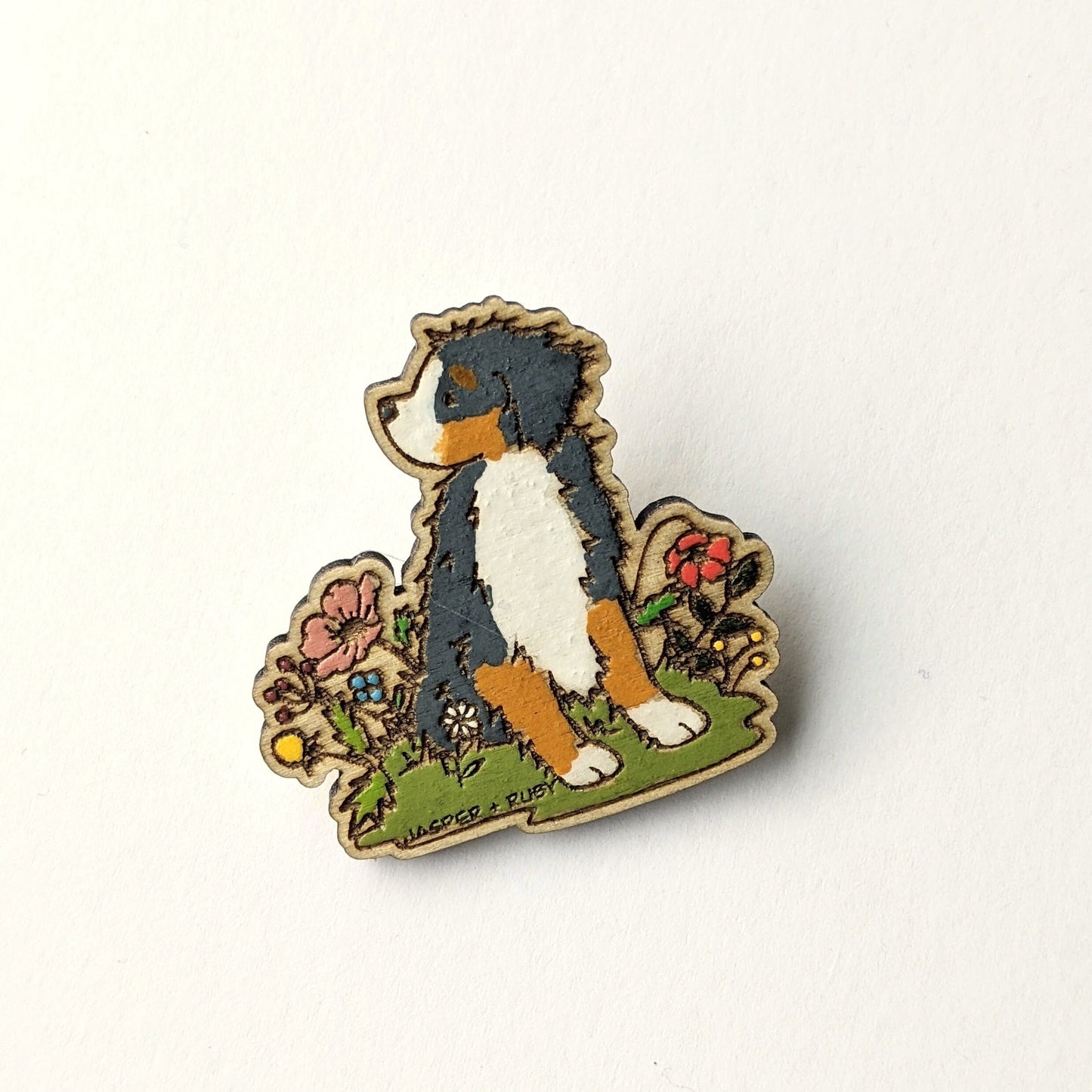 Hand painted laser engraved wood Bernese Mountain Dog pin.