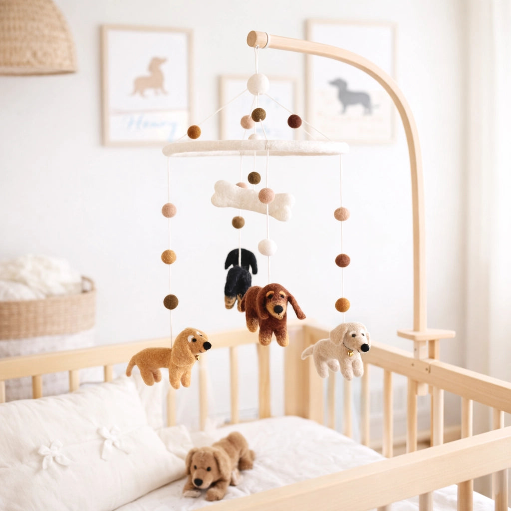 Needle felted wool dachshund baby mobile hanging on a crib in a puppy themed nursery