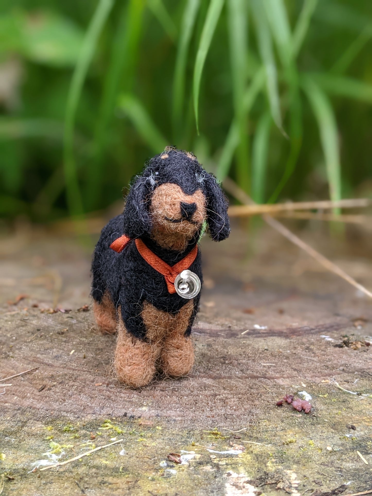 front view of wool black and tan dachshund sculpture