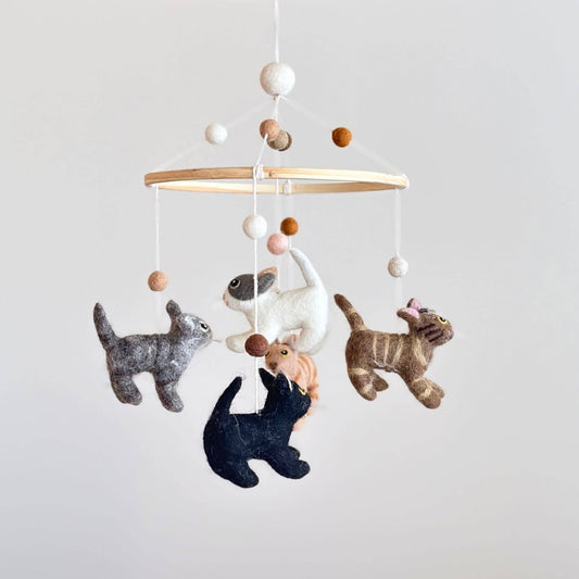 hand crafted baby mobile with needle felted cats