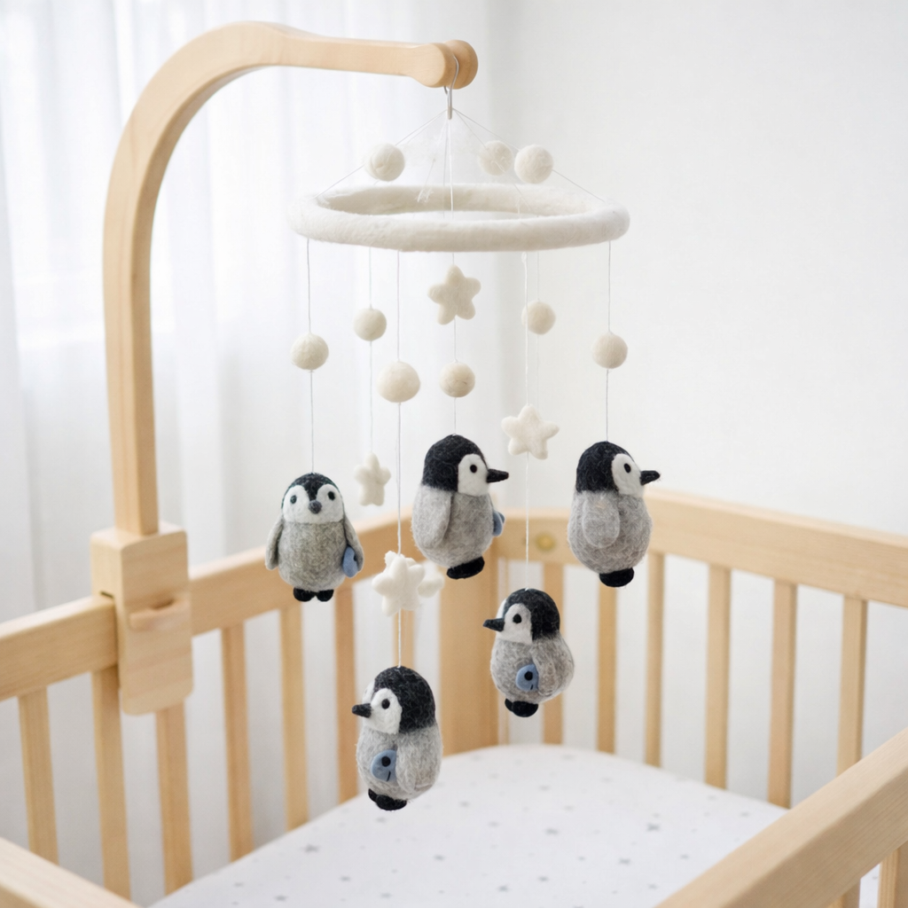 Baby crib mobile with penguin figures hanging over a crib