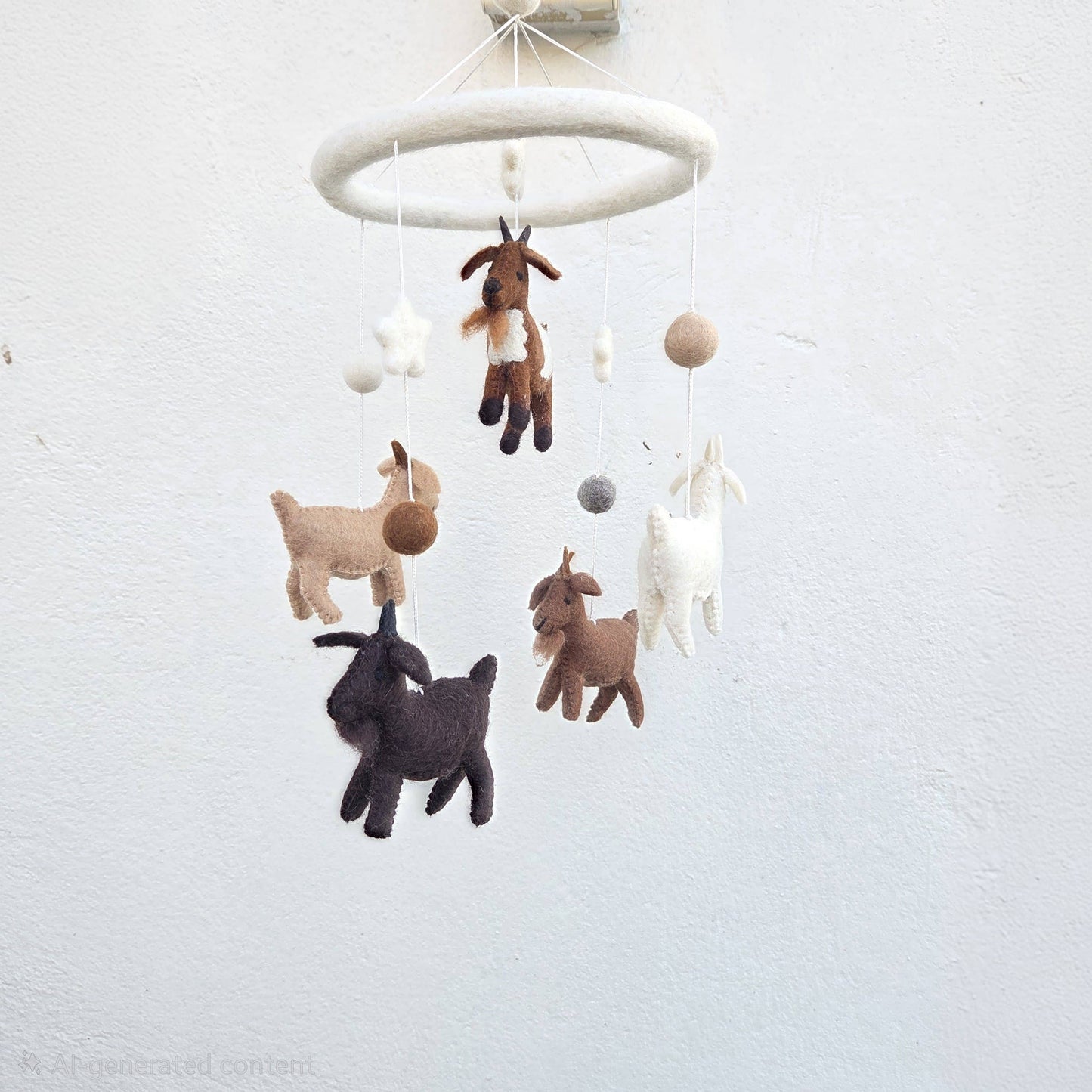 Baby mobile with plush animals on a white background
