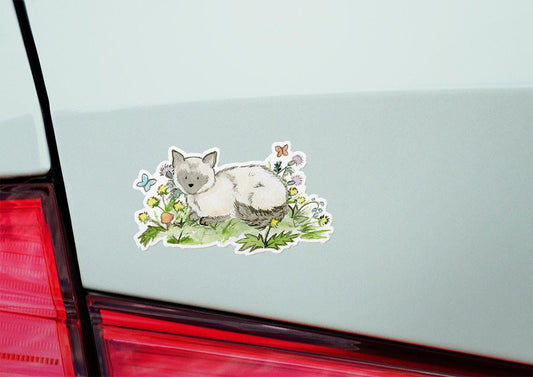 Sticker of a cat among flowers on a car's rear window