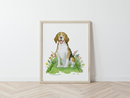 happy beagle watercolor art print
